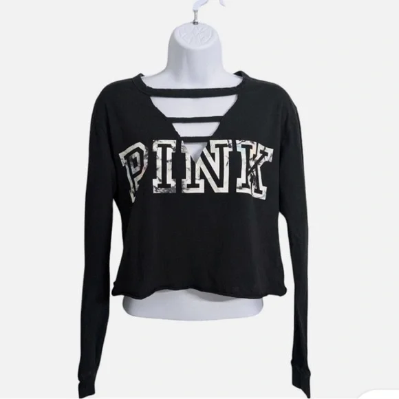 PINK Victoria's Secret Black Cutout Long Sleeve Tee - Picture 1 of 6
